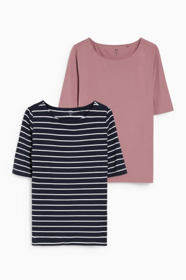 Dames - Set van 2 - T-shirts - roze / donkerblauw