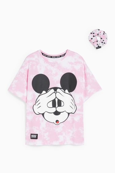 Dětské - Mickey Mouse - souprava - tričko s krátkým rukávem a scrunchie gumička do vlasů - 2dílná - růžová