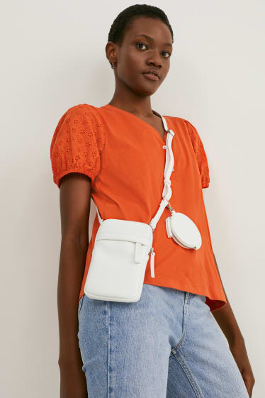 Kobiety - Zestaw - torebka na telefon i portfel - imitacja skóry - 2 części - biały