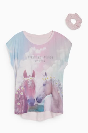 Enfants - Ensemble - T-shirt et chouchou - 2 pièces - effet brillant - rose