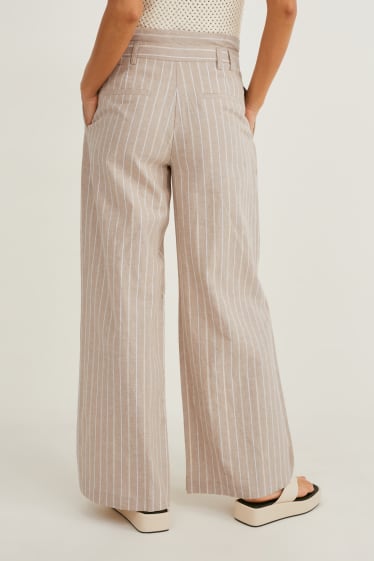 Femei - Pantaloni - high waist - wide leg - amestec de in - cu dungi - bej