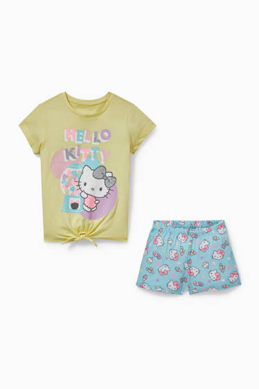 Bambine - Hello Kitty - pigiama con pantaloncini corti - 2 pezzi - effetto brillante - giallo chiaro