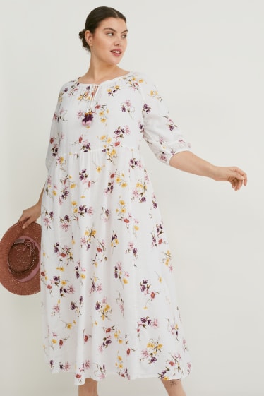 Women - Dress - linen blend - floral - white