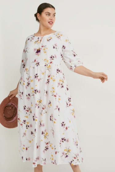 Femmes - Robe - mélange de lin - à fleurs - blanc