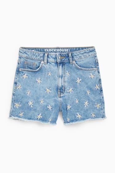 Damen - CLOCKHOUSE - Jeans-Shorts - High Waist - geblümt - helljeansblau
