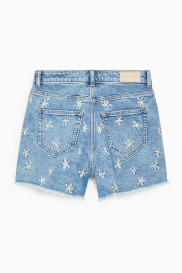 Dámské - CLOCKHOUSE - džínové šortky - high waist - s květinovým vzorem - džíny - světle modré