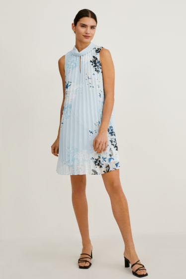 Women - Chiffon dress with plissé pleats - floral - light blue