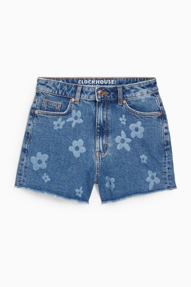 Donna - CLOCKHOUSE - shorts di jeans - vita alta - a fiori - jeans blu