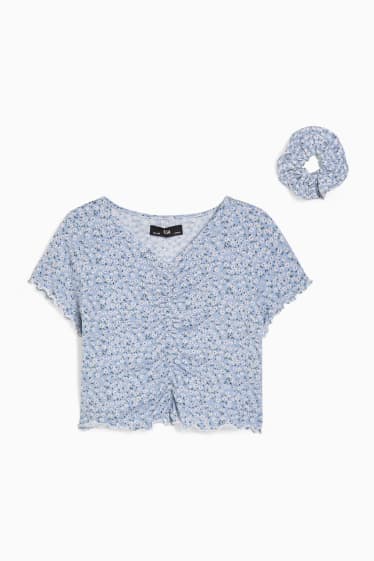 Kinder - Set - Kurzarmshirt und Scrunchie - 2 teilig - geblümt - hellblau