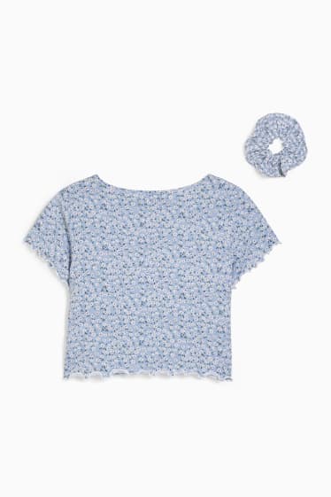 Copii - Set - tricou cu mânecă scurtă și elastic de păr - 2 piese - cu flori - albastru deschis