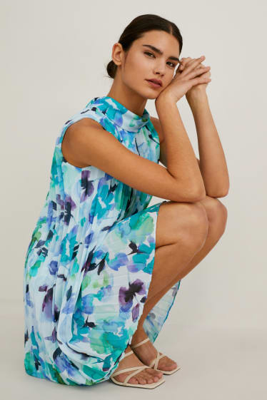 Women - Chiffon dress with plissé pleats - floral - blue