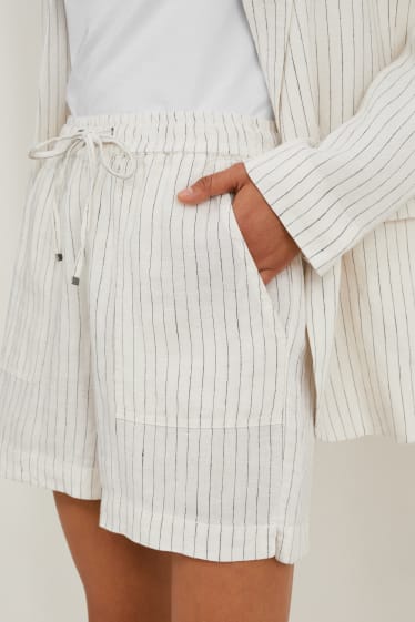 Women - Linen shorts - pinstripes - white