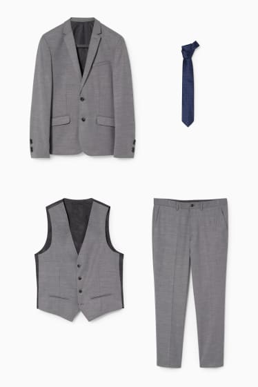 Heren - Costuum met stropdas - body fit - elastische stof - 4-delig - grijs