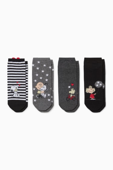Damen - Multipack 4er - Sneakersocken mit Motiv - Peanuts - schwarz
