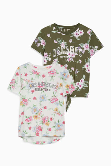 Enfants - Lot de 2 - T-shirts - effet brillant- motif floral - vert foncé