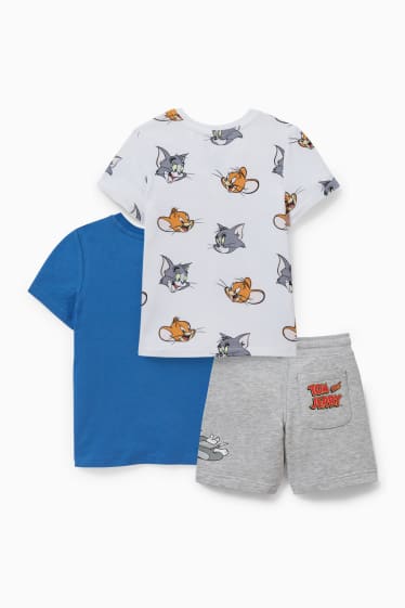 Dětské - Tom a Jerry - souprava - 2 trička s krátkým rukávem a teplákové šortky - světle šedá-žíhaná