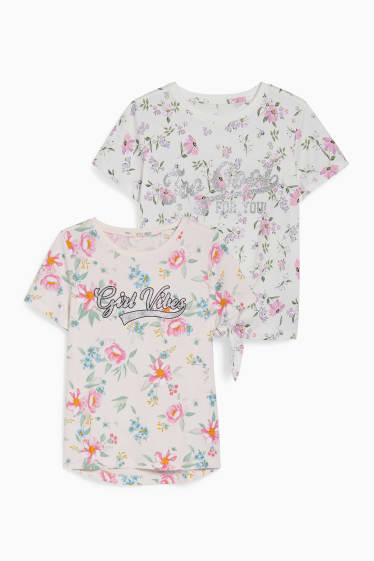 Niños - Pack de 2 - camisetas de manga corta - brillos - de flores - blanco