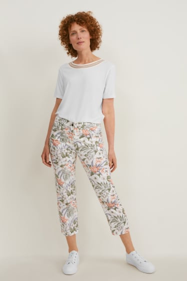 Donna - Pantaloni - vita media - slim fit - a fiori - bianco