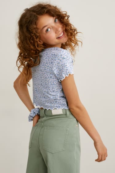 Dětské - Souprava - tričko s krátkým rukávem a scrunchie gumička do vlasů - 2dílná - s květinovým vzorem - světle modrá
