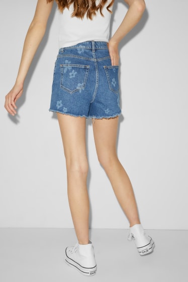 Damen - CLOCKHOUSE - Jeans-Shorts - High Waist - geblümt - jeansblau