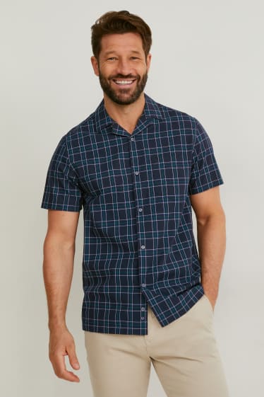 Heren - Overhemd - slim fit - reverskraag - geruit - donkerblauw