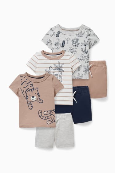 Bebeluși - Set - 3 tricouri cu mânecă scurtă și 3 perechi pantaloni scurți trening bebeluși - 6 piese - alb-crem
