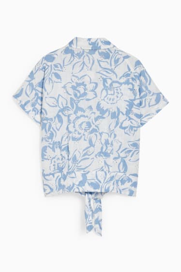 Mujer - Blusa con detalle de nudo - bordada - de flores - blanco / azul claro