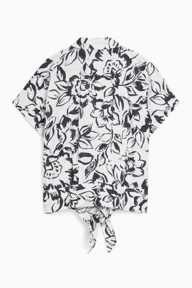 Women - Blouse with knot detail - embroidered - floral - black / white