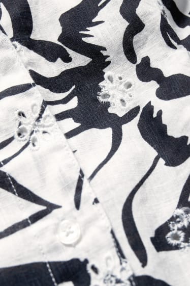 Femei - Bluză cu nod - brodată - cu flori - negru / alb