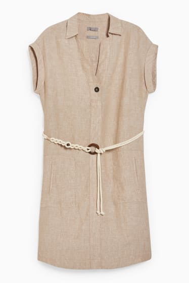Women - Linen dress with belt - beige-melange