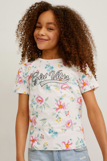 Niños - Pack de 2 - camisetas de manga corta - brillos - de flores - blanco
