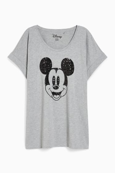 Dames - T-shirt - glanseffect - Mickey Mouse - grijs-mix