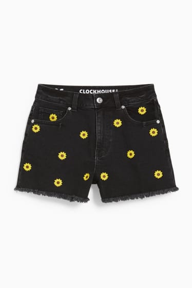 Ados & jeunes adultes - CLOCKHOUSE - short en jean - high waist - à fleurs - jean gris foncé