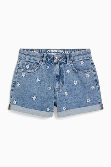 Damen - CLOCKHOUSE - Jeans-Shorts - High Waist - geblümt - jeans-hellblau