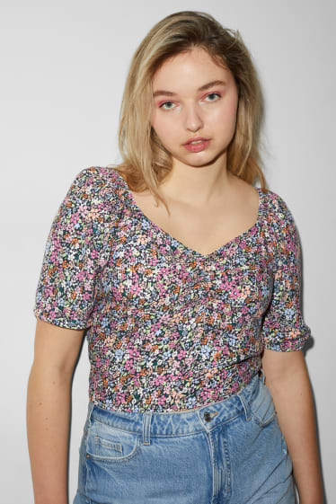 Adolescenți și tineri - CLOCKHOUSE - bluză - cu flori - gri închis