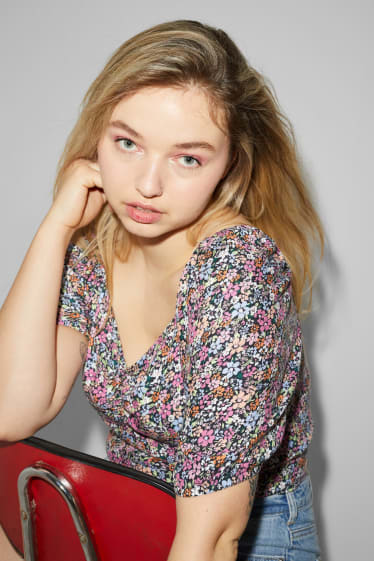 Adolescenți și tineri - CLOCKHOUSE - bluză - cu flori - gri închis