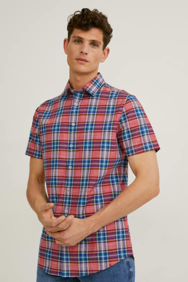 Heren - Business-overhemd - slim fit - kent - gemakkelijk te strijken - geruit - rood / donkerblauw