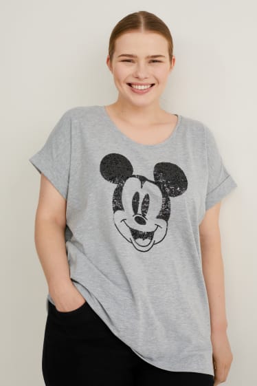 Dames - T-shirt - glanseffect - Mickey Mouse - grijs-mix