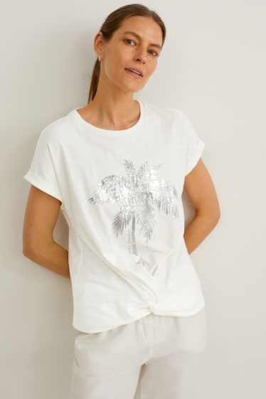 Women - T-shirt with knot detail - shiny - white
