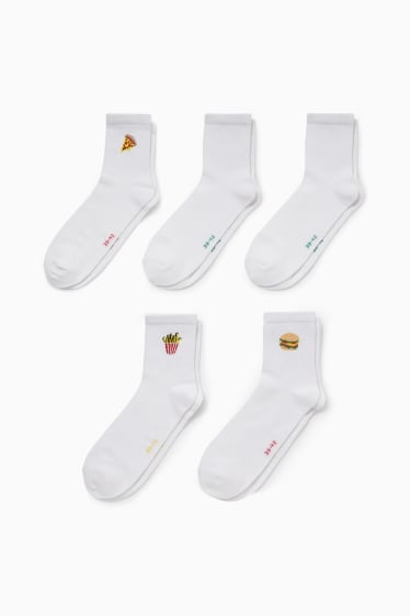 Damen - Multipack 5er - Tennissocken mit Motiv - Fast Food - weiß