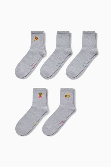 Damen - Multipack 5er - Tennissocken mit Motiv - Fast Food - hellgrau-melange