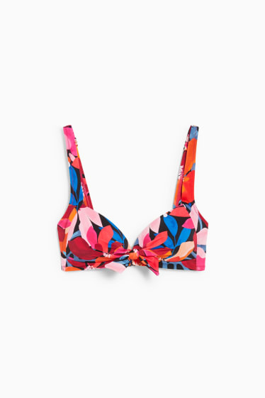 Women - Bikini top with knot detail - padded - LYCRA® - floral - pink