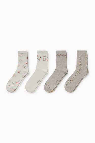 Women - Multipack of 4 - socks with motif - floral - white
