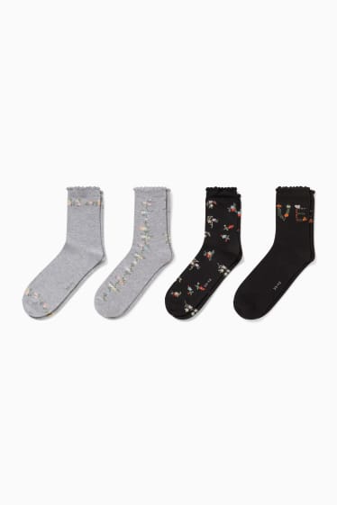 Damen - Multipack 4er - Socken mit Motiv - Blumen - schwarz