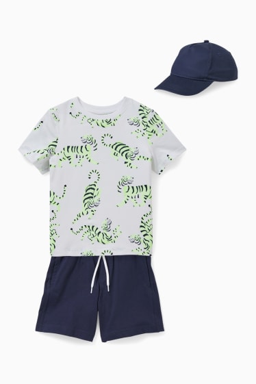 Bambini - Set - maglia a maniche corte, shorts di felpa e cappellino da baseball - 3 pezzi - blu scuro