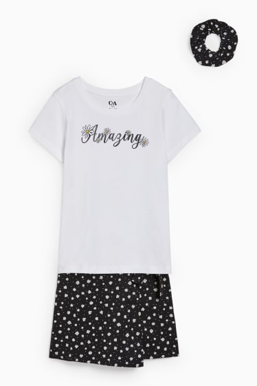 Children - Set - short sleeve T-shirt, skort and scrunchie - 3 piece - white