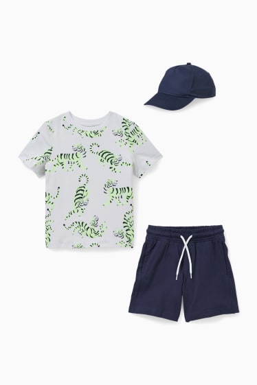 Enfants garçons - Ensemble - T-shirt, short en molleton et casquette de baseball - 3 pièces - bleu foncé