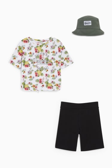 Kinder - Set - Kurzarmshirt, Sweatshorts und Hut - 3 teilig - weiß