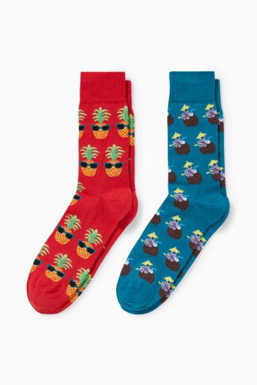 Herren - Multipack 2er - Socken mit Motiv - Kokosnuss und Ananas - rot / blau