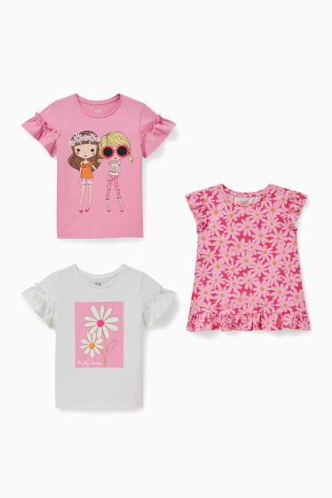 Dětské - Multipack 3 ks - tričko s krátkým rukávem - s lesklou aplikací - růžová